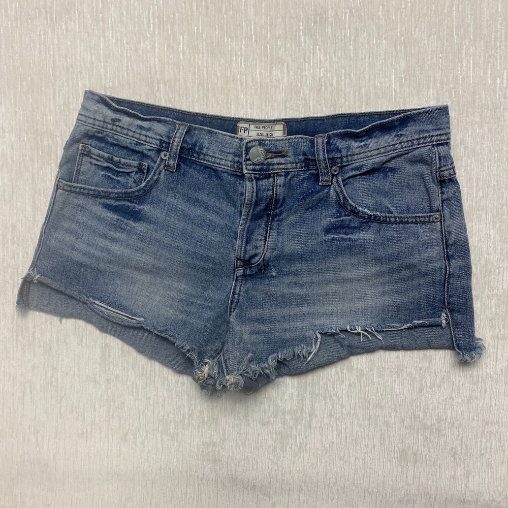 Free People Denim Shorts Womens 28 Blue Cotton Medium Wash Frayed Hem Mid Rise
